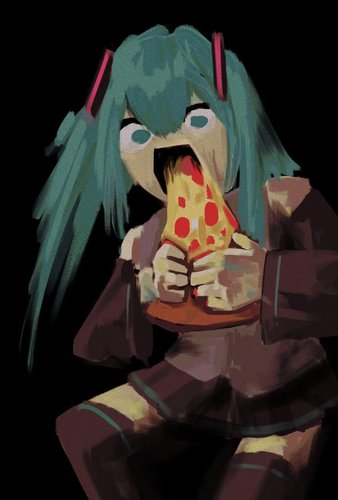 Miku syö pitsansa
