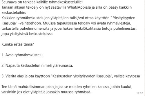 Whats App asetus myös yksityiskeskusteluihin